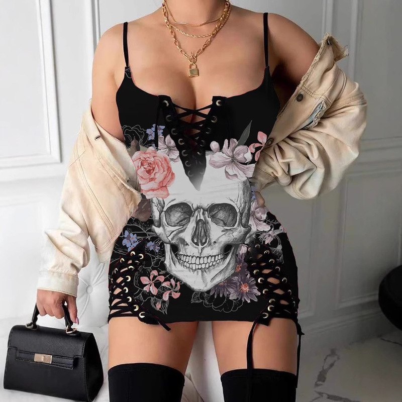 European and American Women's Dress Amazon Plus Size Sexy Slim-fit Skull Print Strap Strap Women's Short Dress European and American Women's Dress Amazon Plus Size Sexy Slim-fit Skull Print Strap Strap Women's Short Dress