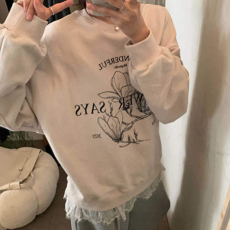 i miss设计感印花蕾丝拼接假两件圆领卫衣女2025秋季美式复古上衣|undefined