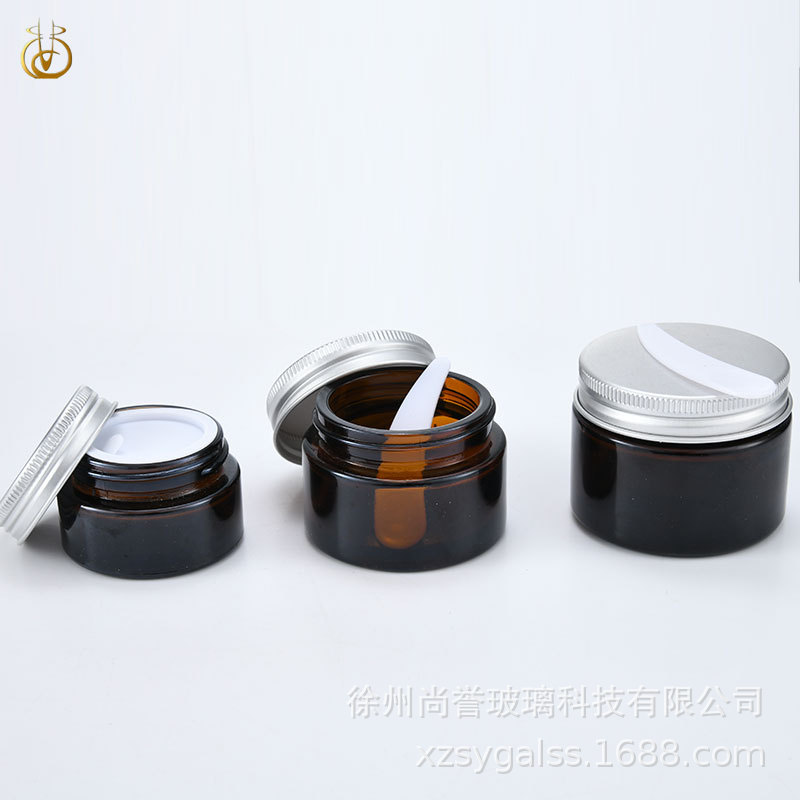 现货100g250g200g蒙砂面膜棒瓶圆形铝盖茶色面霜瓶透明玻璃空瓶