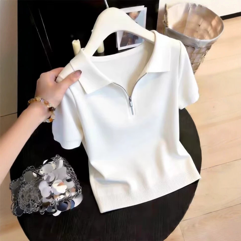 Áo thun polo nữ thiết kế dây kéo phong cách trẻ trung — trắng chi tiết 1