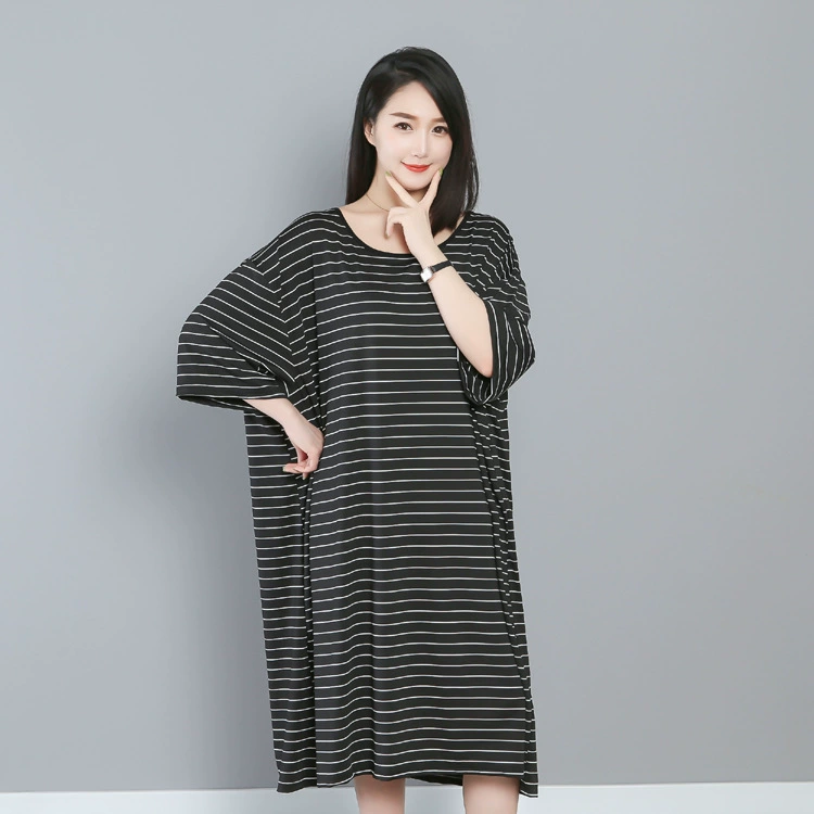 2021 летняя Ночная рубашка в полоску платье больших размеров средней длины с коротким рукавом Пижама домашняя одежда