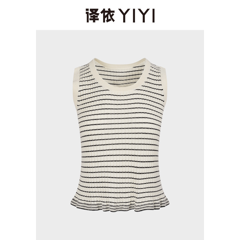 译依YIYI 星光缕缕 羊毛羊绒条纹小珠片荷叶边修身针织开衫&背心|undefined