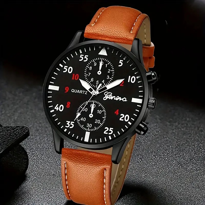 Cross-Border Popular Men's Simple Two-Eye Belt Watch Men's Business High-Value Quartz Watch High-End Men's Watch