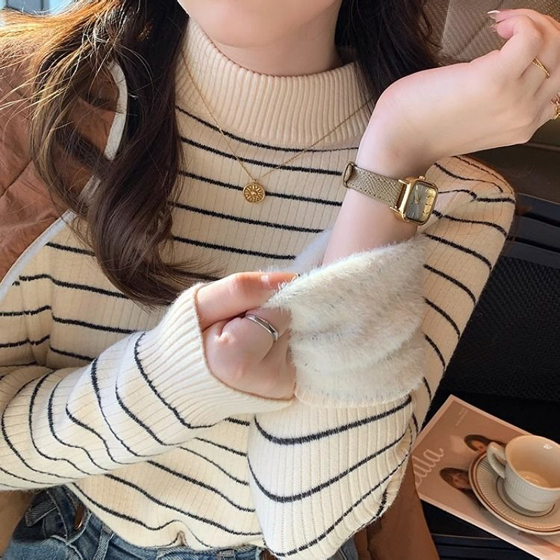 條紋毛衣女秋冬新款2025內搭加厚一體絨打底衫半高領保暖上衣