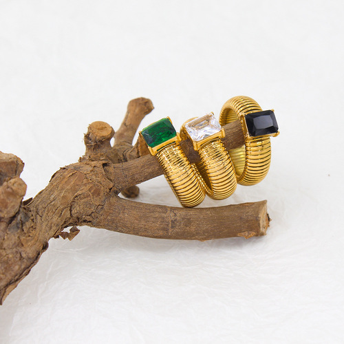 饰品套装法式复古夸张设计条纹纹理粗款戒指手镯项圈钛钢锆石首饰