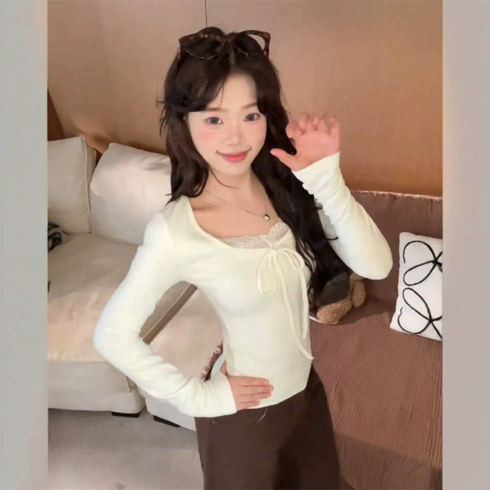 DY819韩系蝴蝶结蕾丝长袖t恤女秋纯欲风独特漂亮假两件内搭上衣潮