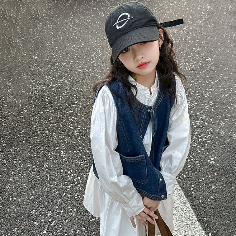 Zhili children's spring denim vest + dress set for girls, medium and large children, stylish and fashionable Korean style.