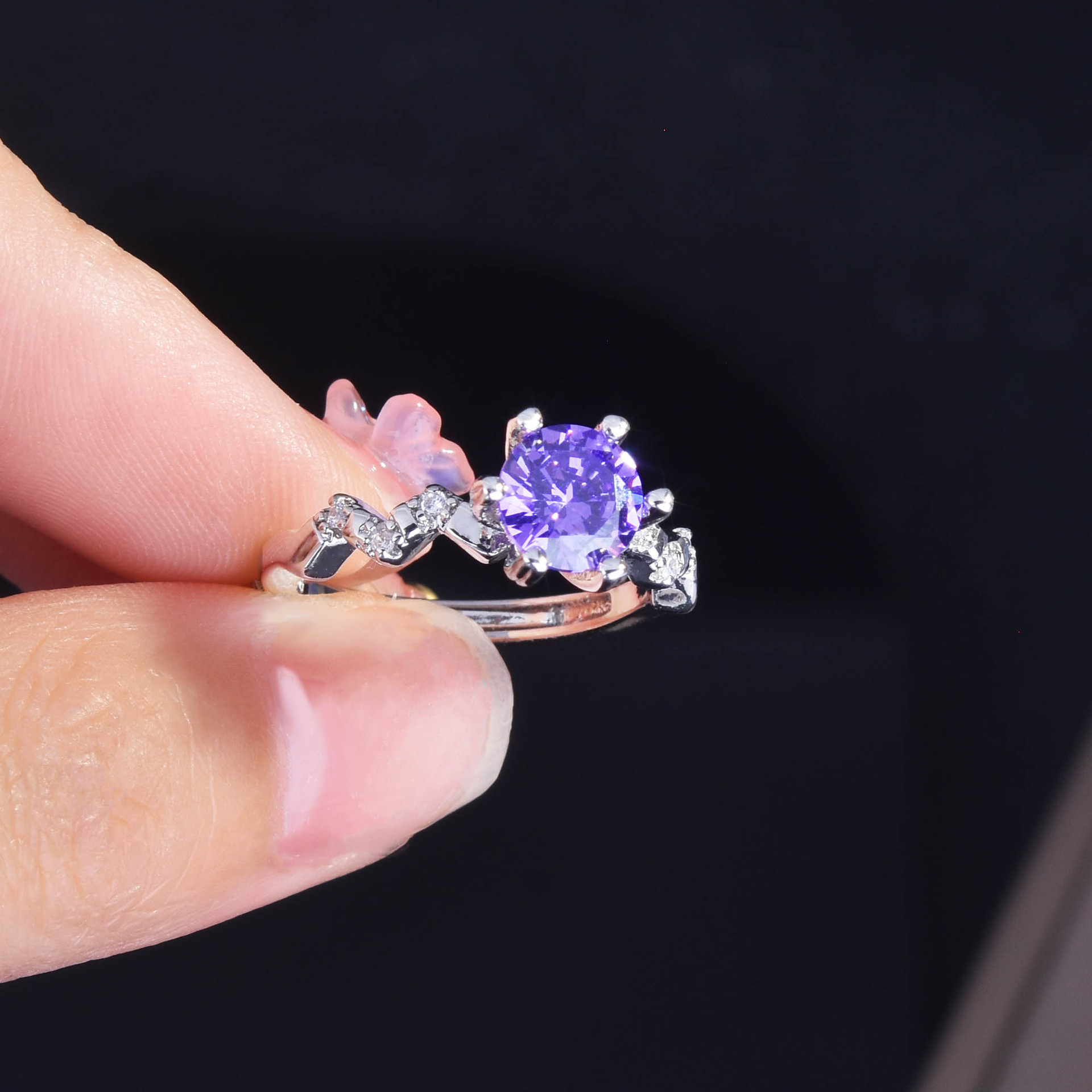 Fashion Moissanite Opening Ring Purple Diamond Copper Ring display picture 4