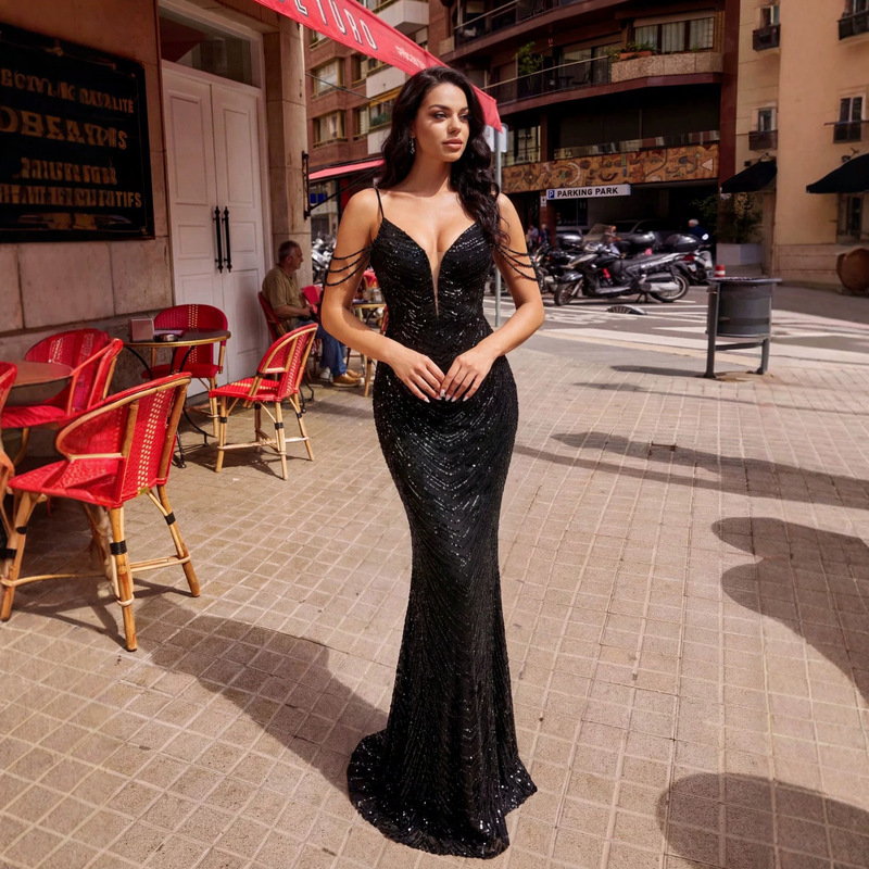 European and American Foreign Trade Sexy Spaghetti Strap V-Neck Beaded Sequin Slim Fit Mermaid Gown for Ceremony, Party, Banquet, and Runway Show