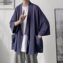 新中式男装国风汉服道袍藏蓝色无领七分袖衬衫男夏季禅意茶服开衫