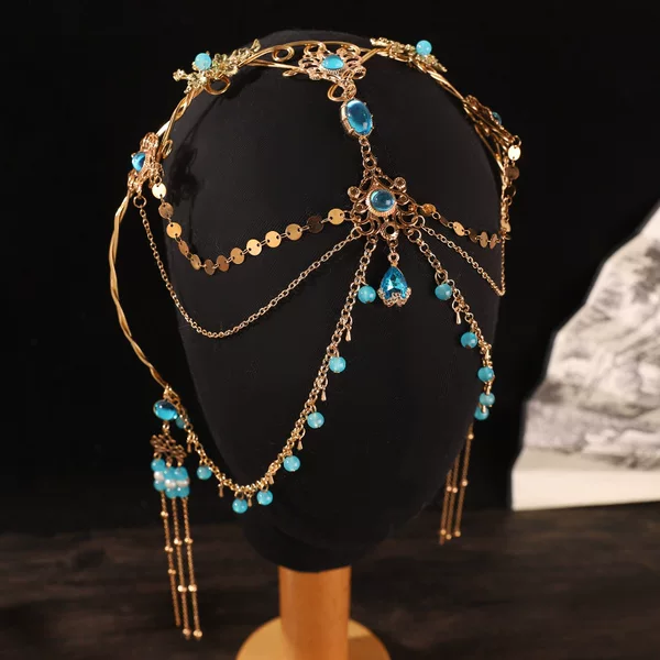 Original Dunhuang Exotic Style Headpiece with Blue Crystal Tassel Forehead Ornament and Brow Pendant, Hanfu Travel Photography Styling Accessory Supply