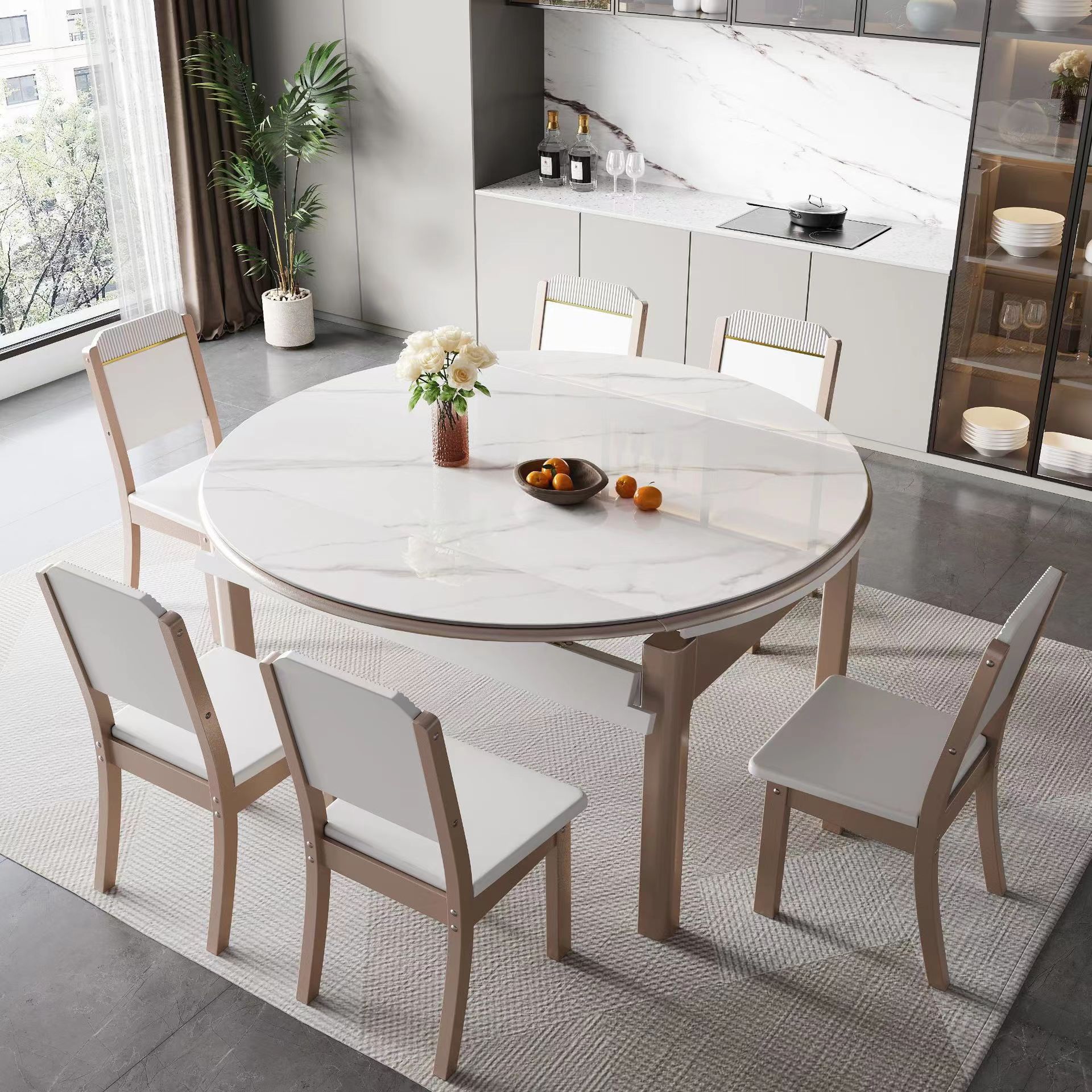意式极简岩板实木餐桌椅组合家用伸缩折叠小户型餐桌可变圆桌饭桌