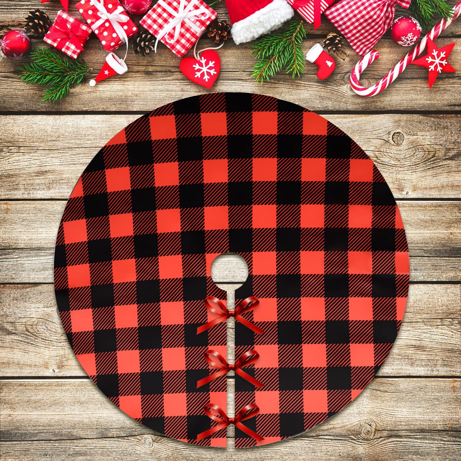 Falda de árbol de Navidad a rayas FIESTA DE Navidad copo de nieve Plaid pastel de azúcar impreso felpa corta árbol de Navidad diseño inferior