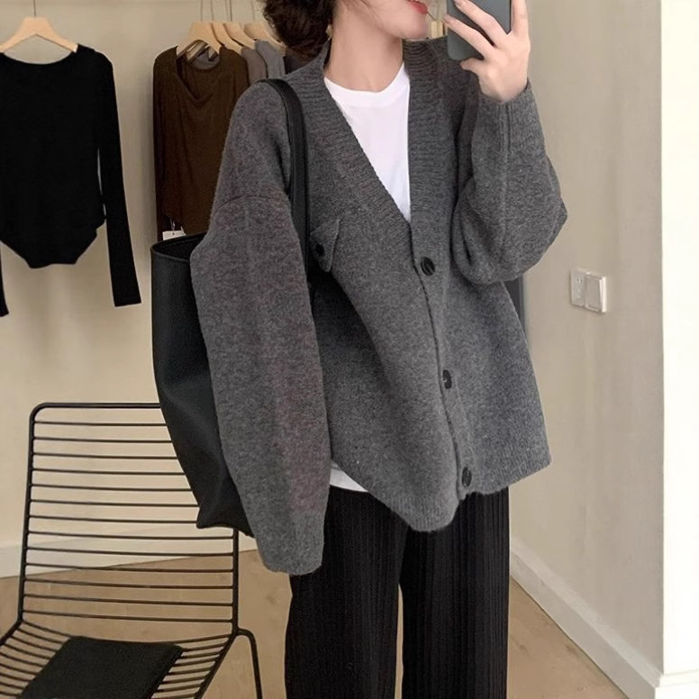 Korean Style Lazy Style Sweater Jacket Autum New Design Pure Color Loose V Neck Single-Breasted Knitted Cardigan for Women