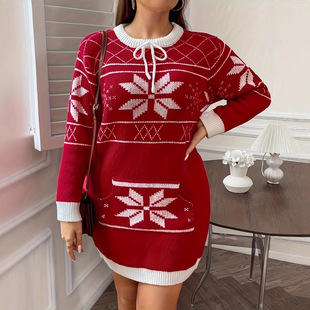 2025 New Foreign Trade Amazon Knitted European and American Christmas Snowflake Dress Sweater, Waist-Cinching, Slimming, Plus Size