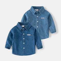 Children's Long Sleeve Shirt 2023 New Boys Denim Shirt Baby Casual Solid Color Square Neck Shirt One Piece Dropshipping
