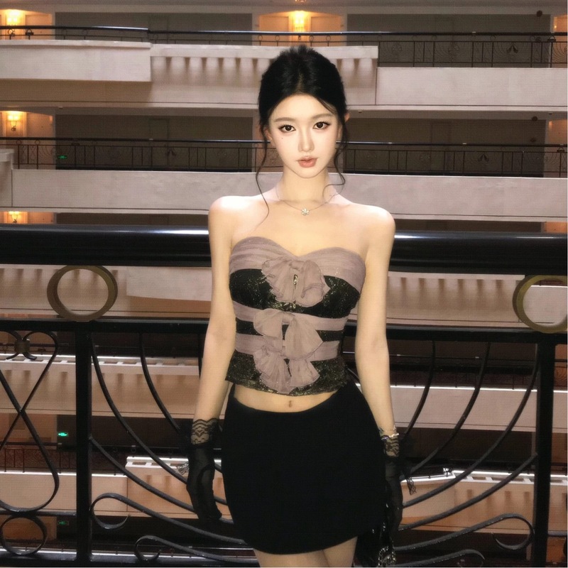 JAYKY YANG古董情书紫金色中古蕾丝抹胸女蝴蝶结拼接修身上衣|undefined