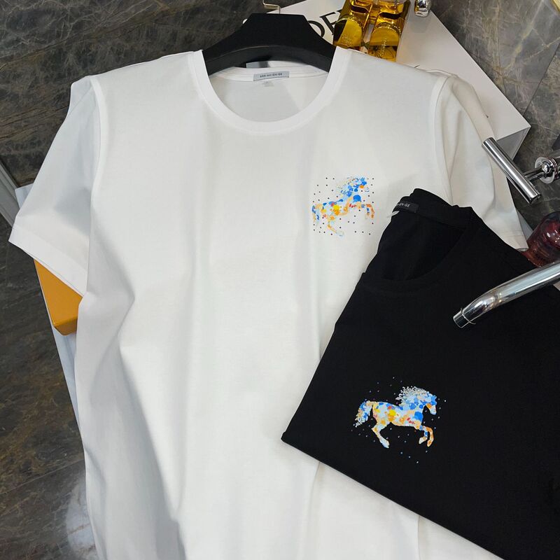 European Classic Supima Cotton Short-Sleeve Men's T-Shirt with Rhinestone Letters Versatile Light Luxury Half-Sleeve Men's Wear