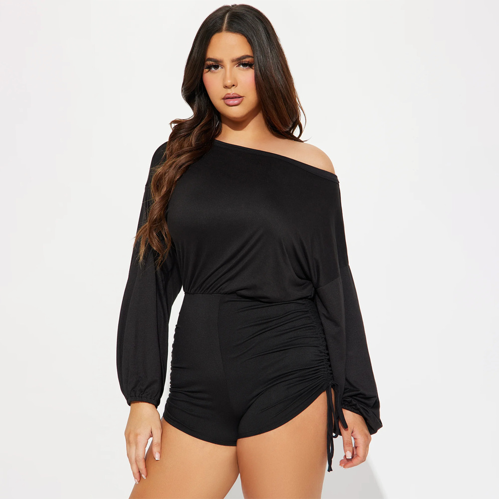 Women Wear Casual off Shoulder off Shoulder Long Sleeve Pleated Drawstring Fitted Waist Jumpsuit