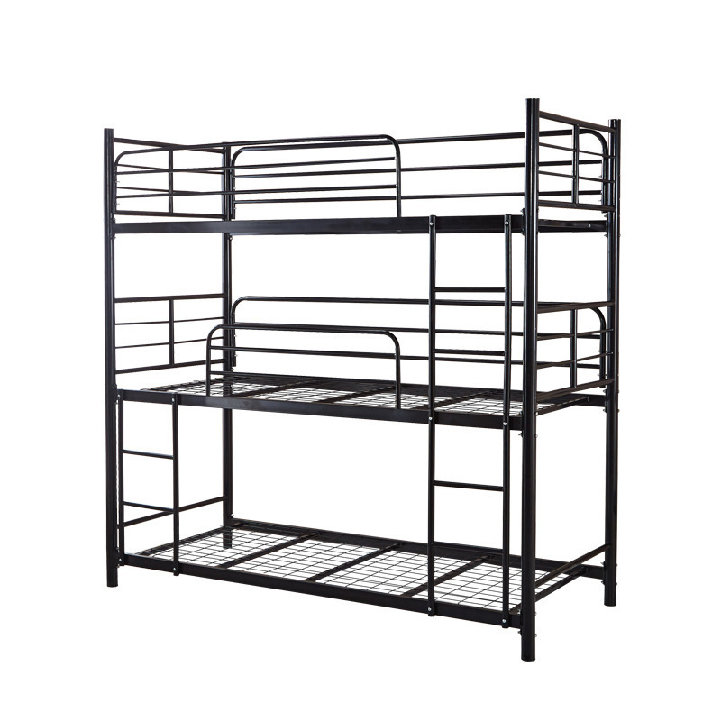 Venta caliente transfronteriza cama de tres pisos superior, media e inferior, cama de dormitorio para estudiantes y personal, clase de custodia para niños, fábrica de camas de apartamentos de doble capa de arte de hierro