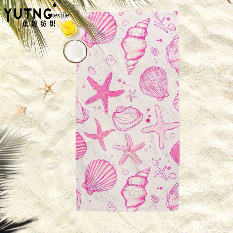 Ocean Shell and Starfish Printed Beach Towel, Quick-Drying, Water-Absorbent, Microfiber Bath Towel, Unisex, Seaside Vacation Style