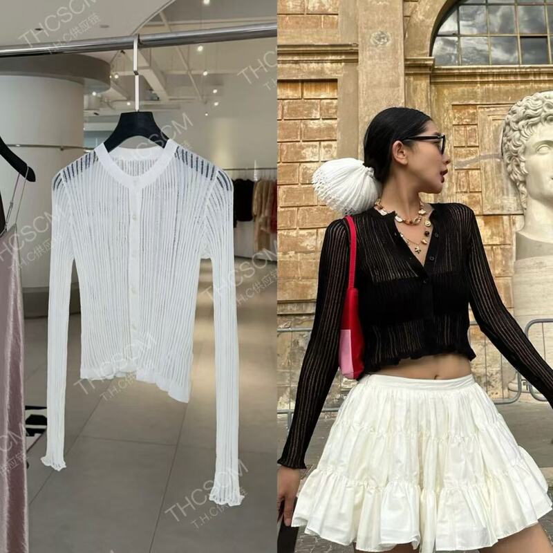 26 Early Spring New Style Linen Blend Hollow-Out Crochet Ribbed Simple Round Neck Short Slim-Fit Knit Cardigan