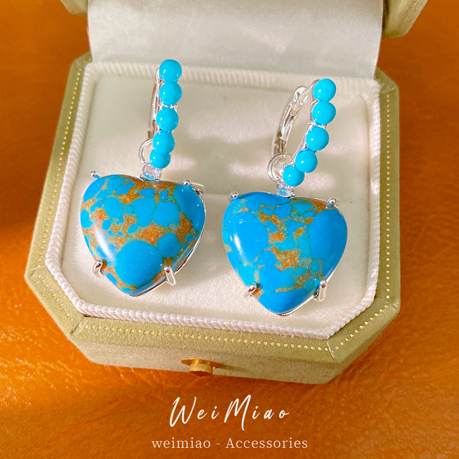 Medieval vintage azul cuentas de piedra amor perlas personalidad pendientes de nicho ligero lujo alta sensación de auriculares