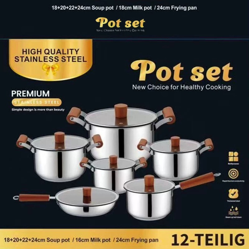 Exportación de comercio exterior transfronterizo red set de olla de acero inoxidable 12 piezas set de olla de olla