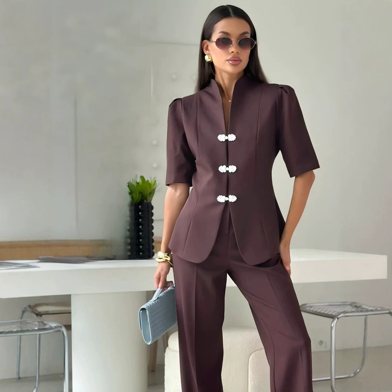 2026 New Cross-Border Women's Fashion European and American Commuting Style Butterfly Buckle Short-Sleeve Blazer and Long Pants Set 2026 New Cross-Border Women's Fashion European and American Commuting Style Butterfly Buckle Short-Sleeve Blazer and Long Pants Set