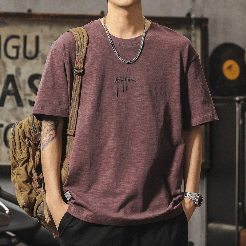 High-End Men's T-Shirt Popular Model 2025 New Heavy Bamboo Cotton Short-Sleeve Men's Super Stylish Purple Premium Top High-End Men's T-Shirt Popular Model 2025 New Heavy Bamboo Cotton Short-Sleeve Men's Super Stylish Purple Premium Top