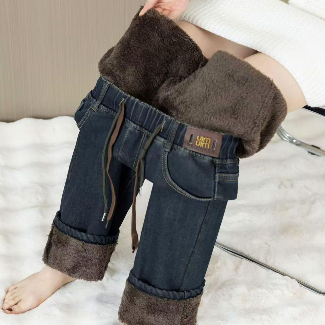 37.5-100kg High Waist Velvet Jeans Women's Elastic Waist Straight-Leg Pants Loose Winter High Waist Stretch Large Size Thickened