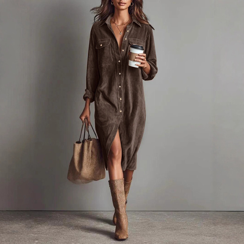 Cross-Border European and American New Amazon Independent Station Solid Color Corduroy Loose Long-Sleeved Dress Lapel Shirt Long Skirt