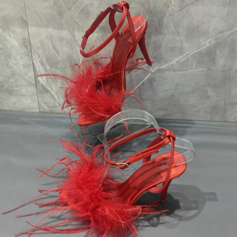European-style red feather wedding shoes, satin stiletto high heels, robe sandals, sexy one-strap party women's shoes European-style red feather wedding shoes, satin stiletto high heels, robe sandals, sexy one-strap party women's shoes