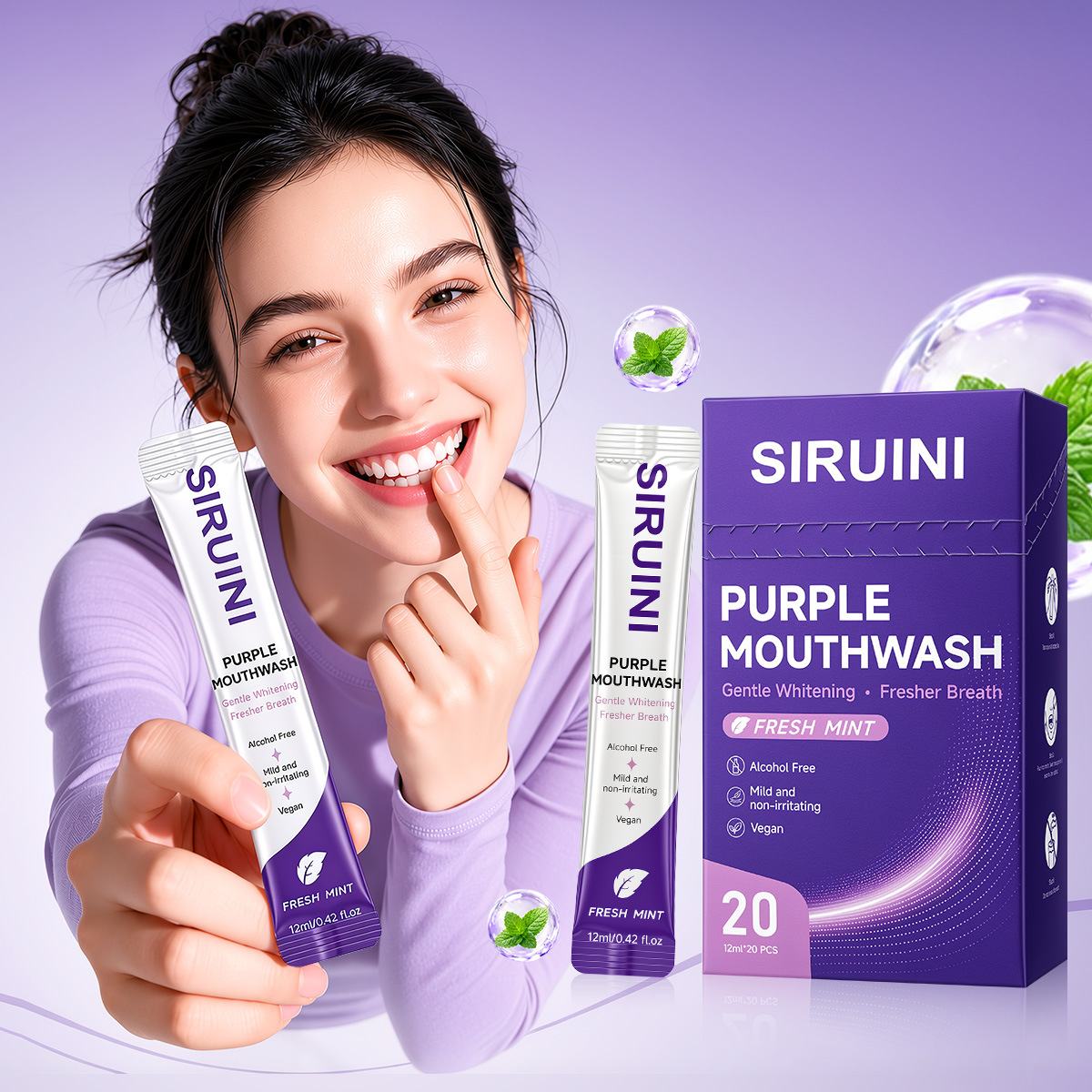 Cross-border purple mouthwash, individually wrapped for portability, disposable oral care, freshens breath, gently cleans teeth, 20 pieces per pack, wholesale