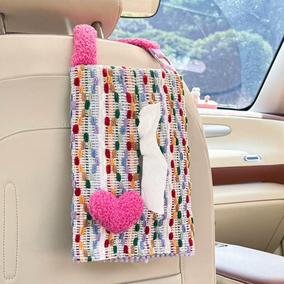 Creative car tissue box high-level creative love net red high-value car tissue hanging bag cute paper box (Car tissue box/set) - jacquard-yarn-dyed-hanging-tissue-box-with-tooth-edge-love-pink