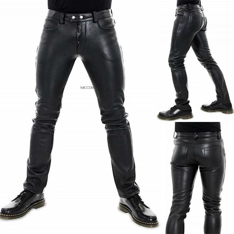 2024 Cross-border New Men's Motorcycle Leather Pants Explosions wish Amazon Hot Selling European and American Solid Color PU Stretch Leather Pants