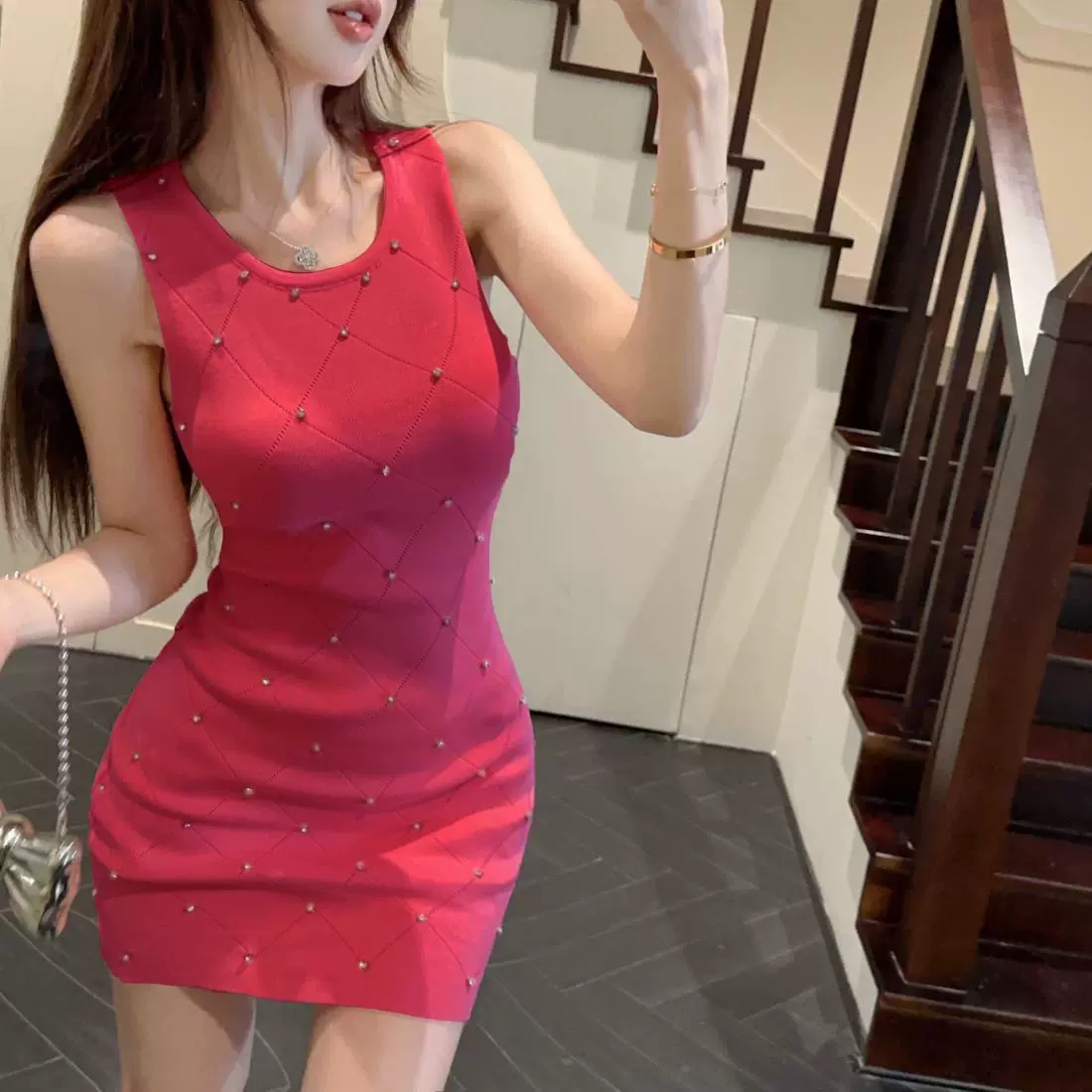 中国风重工钉珠御姐小众显瘦连衣裙夏装轻奢女神范气质无袖中长裙