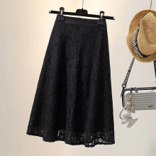 名媛半身裙女2025春秋季新款显字裙勾花黑色显高腰修身显