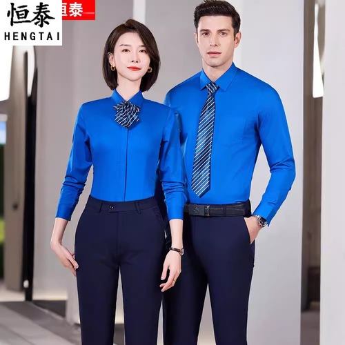 钻蓝色衬衣男女长短袖职业套装公司企业工作服正装衬衫绣logo批发
