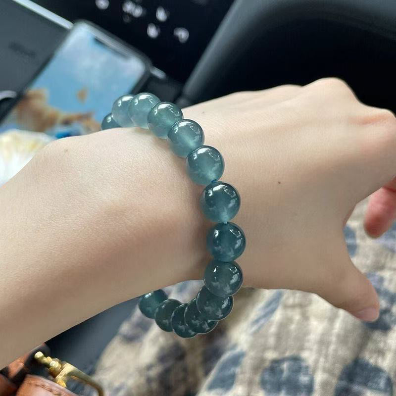 Natural Burmese Jadeite Ice Blue Water Jadeite Blue Glue Round Bead Bracelet Genuine Jade Beads