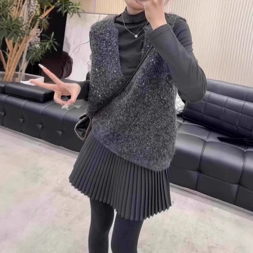 V-образный вырез тяжелый трикотаж с блестками, жилет осень-зима, новый большой размер свободный, тонкий без рукавов, женский жилет