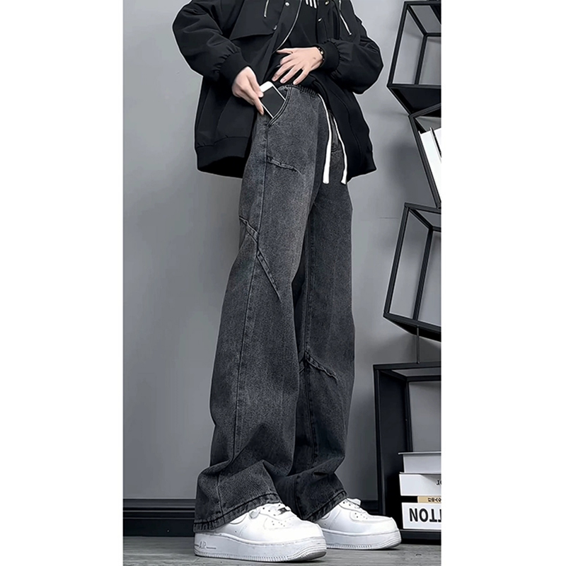American Retro Deconstructed Pants Men's Summer Drawstring Elastic Waist Soft Jeans Pleated Washed Distressed Bootcut Pants