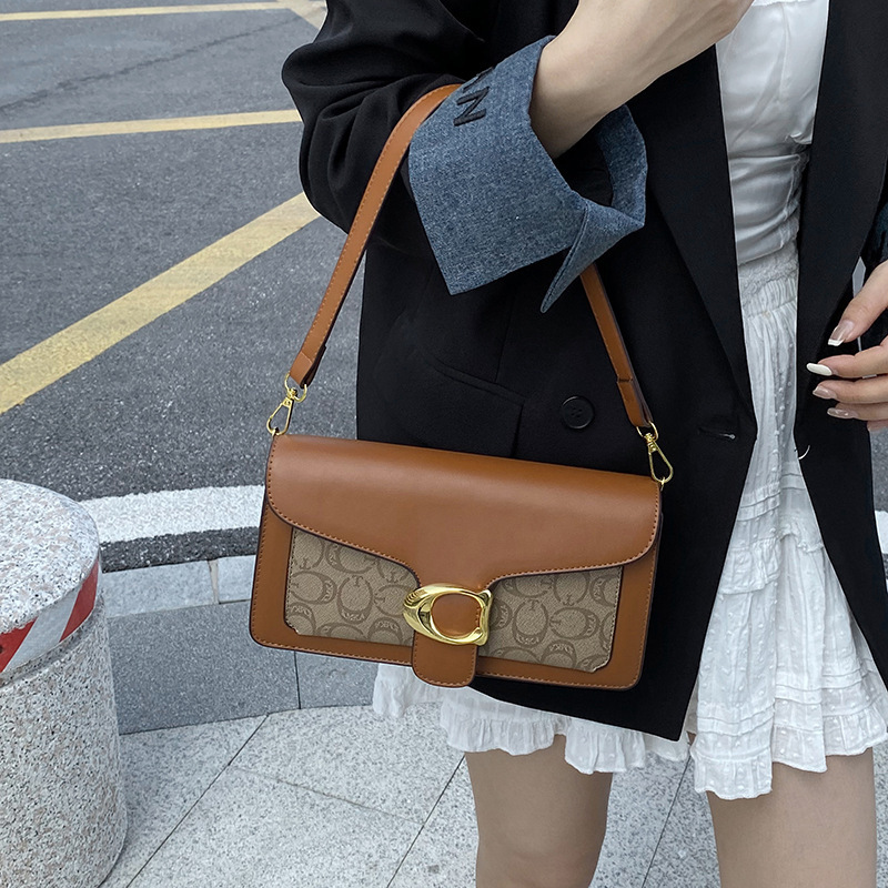 外贸拼接女士小方包复古简约撞色腋下单肩包PU质感时尚手提斜挎包|undefined
