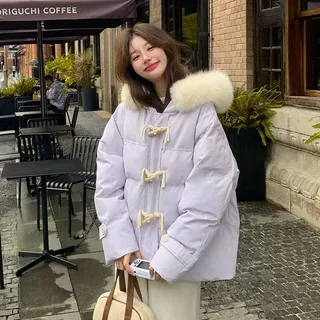 紫色牛角扣羽绒棉服女冬季2025新款韩版宽松大毛领加厚面包服外套