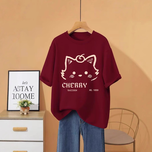 Printed Heavyweight Straight Shoulder T-Shirt 2025 Summer Casual Plus Size Crew Neck Five-Button Tee