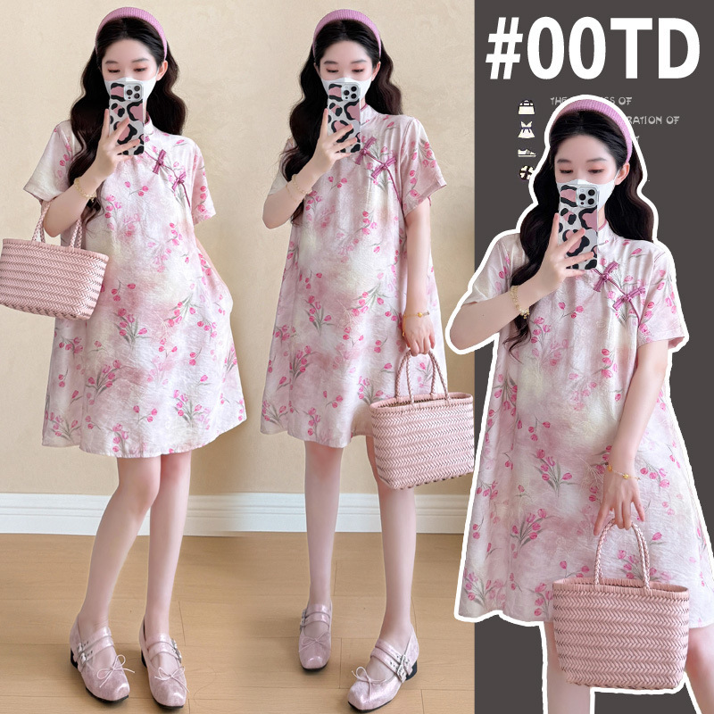 In-Stock Real Photos of New Maternity Wear, New Chinese-Style Ramie Maternity Dress, Plus-Size Maternity Dress, Petite Cheongsam Dress