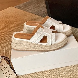[Grape Mom] Du's High-End Version ~ Vacation H-Shaped Hemp Rope Woven Wedge-Heeled Thick-Soled Beach Sandals for Women, Summer Slippers