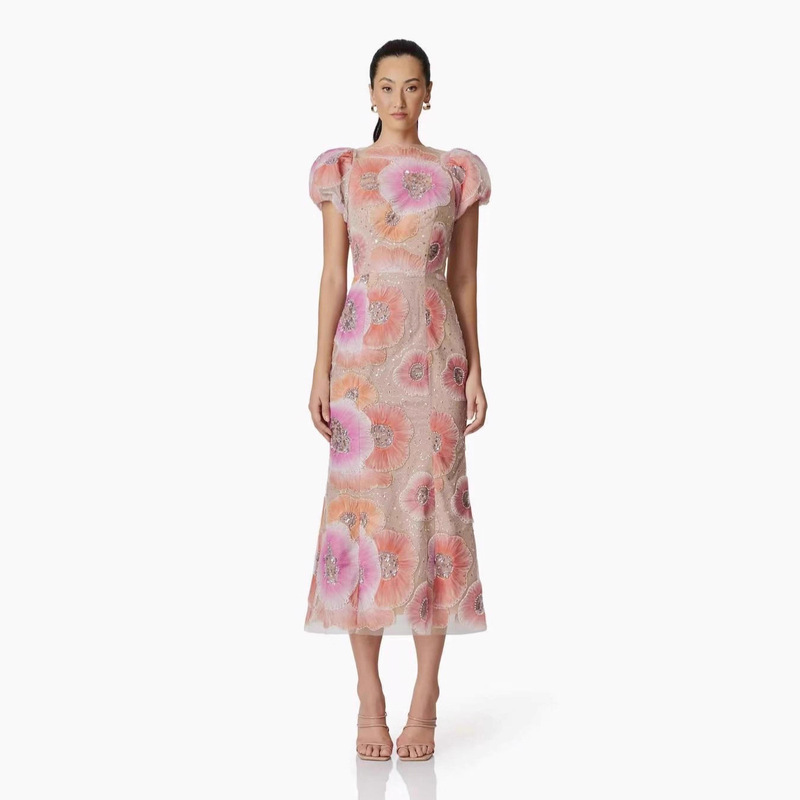 Puff Sleeve Patch Flower Beaded Embroider Sequin Mid-Length Skirt 2025 New Design High Waist Retro Dress Puff Sleeve Patch Flower Beaded Embroider Sequin Mid-Length Skirt 2025 New Design High Waist Retro Dress