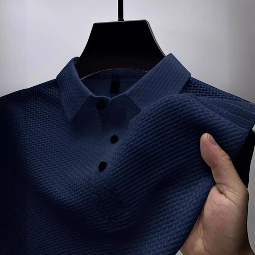 Eurasian men's summer pure color new high-end mesh ice silk short sleeve T-shirt collar polo with smooth material