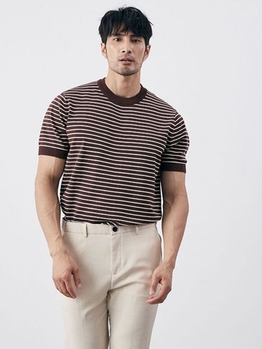 Summer Men's High-End Casual Striped Crew Neck Knit T-Shirt with Antibacterial Wrinkle-Resistant Slim Fit Green Short Sleeve Trendy